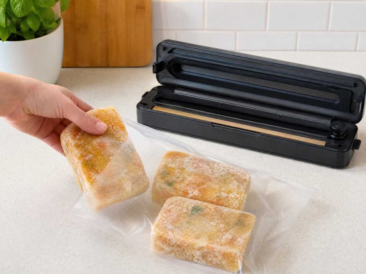 Frozen-solid soup blocks being placed into a vacuum bag
