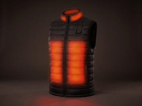 The black HeatGuard heated vest in a dark studio, its heated panels glowing red on both front sides and in the collar