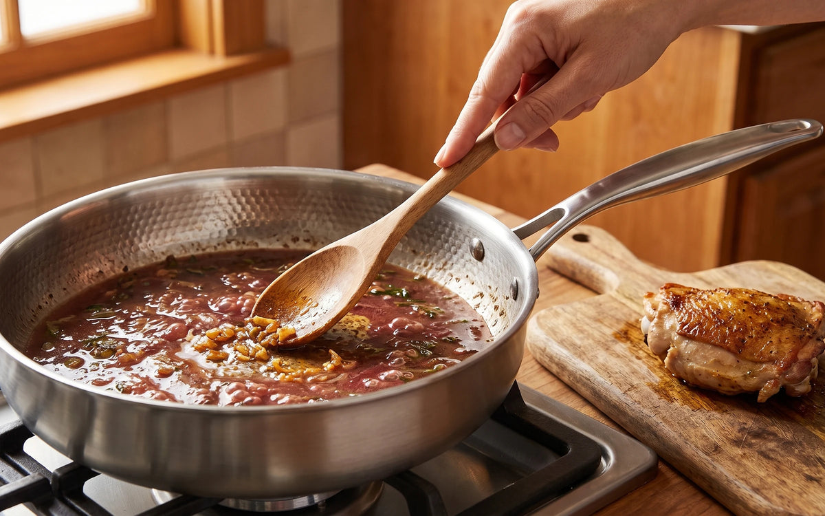 A wooden spoon in a pan sauce, with a seared chicken thigh on the board beside it