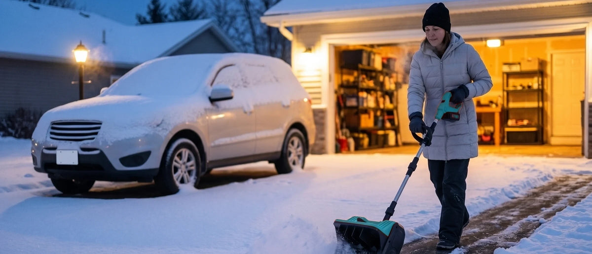 A suburban driveway before dawn under the light of an open garage, a smiling young Black woman with short natural hair in a light-grey puffer coat and a black beanie pushing an orange-and-black snow shovel along a bare strip towards the camera, a silver SUV buried under fresh snow at the left and a deep-blue sky behind