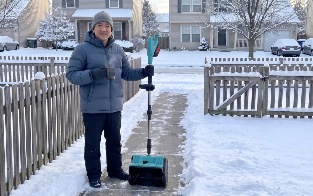 A middle-aged Asian-American man in a slate-blue down jacket and grey beanie by the front gate on a cold bright morning, holding a steaming mug in one hand and the upright orange-and-black snow shovel in the other, a clean bare strip of sidewalk running away behind the gate