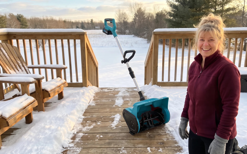 A cleared wooden back deck in warm low afternoon sun, a smiling white woman in a burgundy fleece jacket leaning the orange-and-black snow shovel against the railing, a wide bare stripe of boards from the back door to the steps and two snow-capped Adirondack chairs at the left
