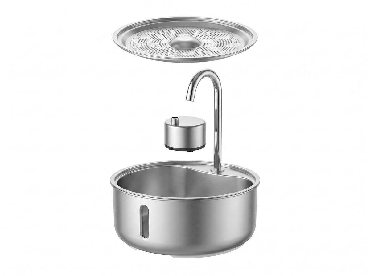 The three steel parts separated: perforated screen, pump, and bowl with its spout