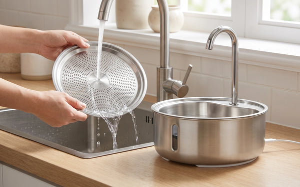Two hands rinsing the perforated steel screen under a running kitchen tap